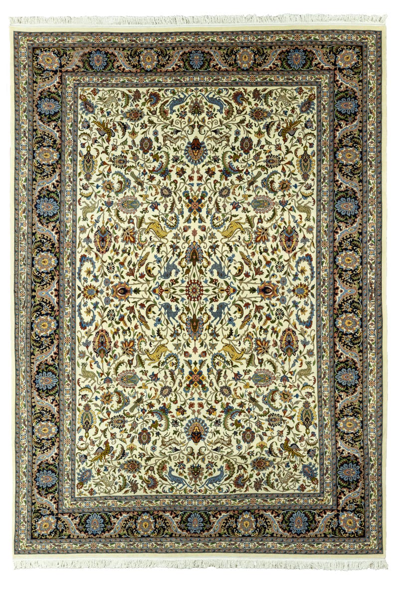May include: Ivory-colored rectangular rug with an intricate floral pattern. The rug features a central design of flowers and leaves in shades of blue, brown, and gold. A dark border with floral motifs frames the rug.
