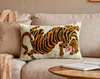 Poszewka na poduszkę lędźwiową Tiger Ikat 16x24 z jedwabnego aksamitu, kolorowa, ręcznie robiona