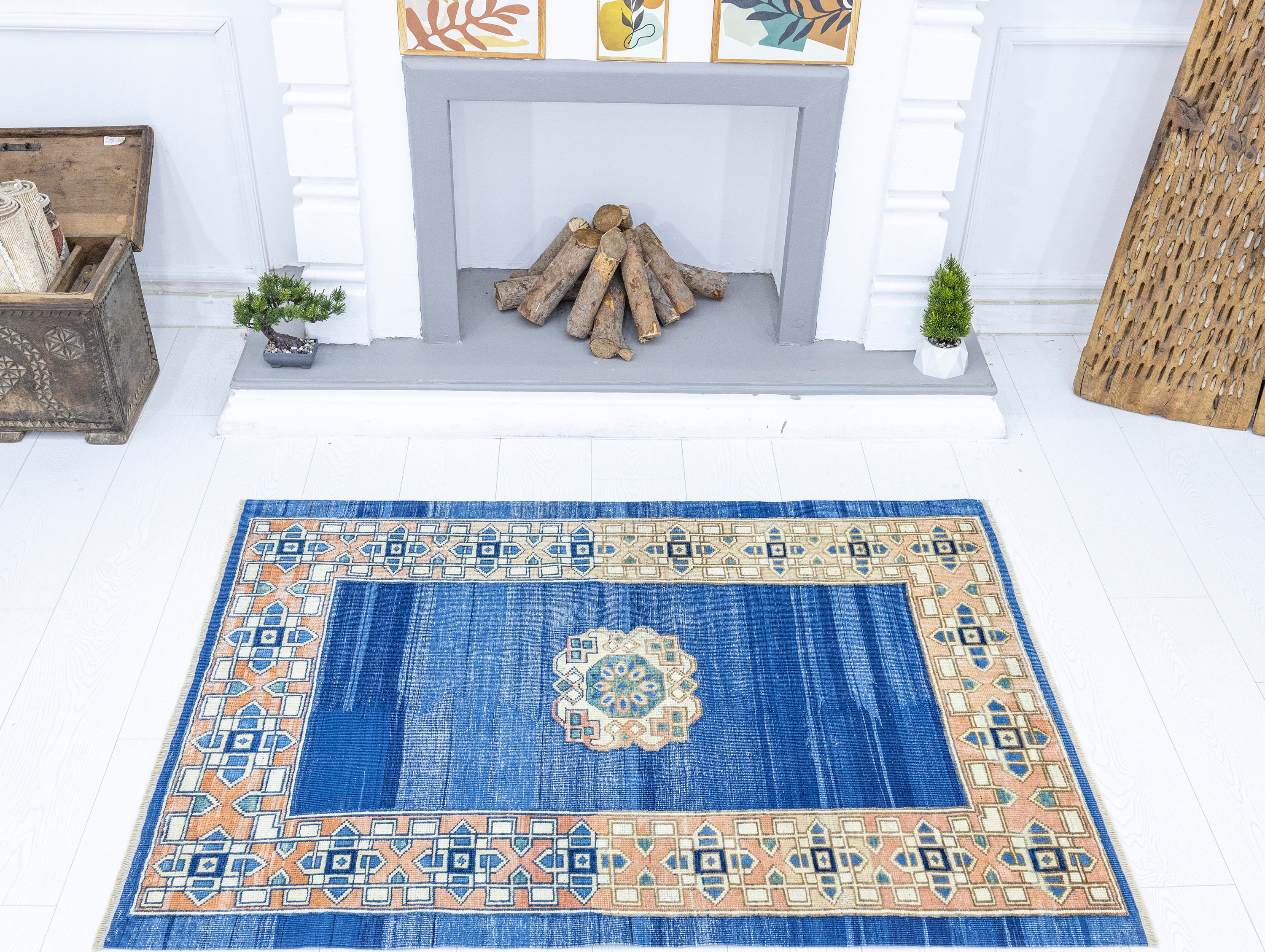 ヴィンテージブルートルコ絨毯 – 手織りウシャックスタイル、3.6x4.10