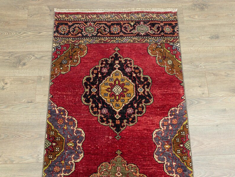 Red Turkish Extra Long Runner With Colorful Accents, Hand Knotted 3'1