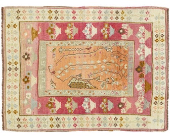 Ballet Pink Oushak Rug 4.5x6 – Vintage Turkish Apricot Floral Wool
