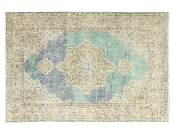 Living Room Rug 7x10 Turkish Oushak Wool - Aqua Beige Organic Modern