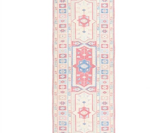 Vintage Oushak Ivory Blue and Pink Rug Runner / Unique Turkish Handmade 2’8”x9’ Kitchen Rug / Modern Bohemian Rug / Entry & Bath Rug Runner