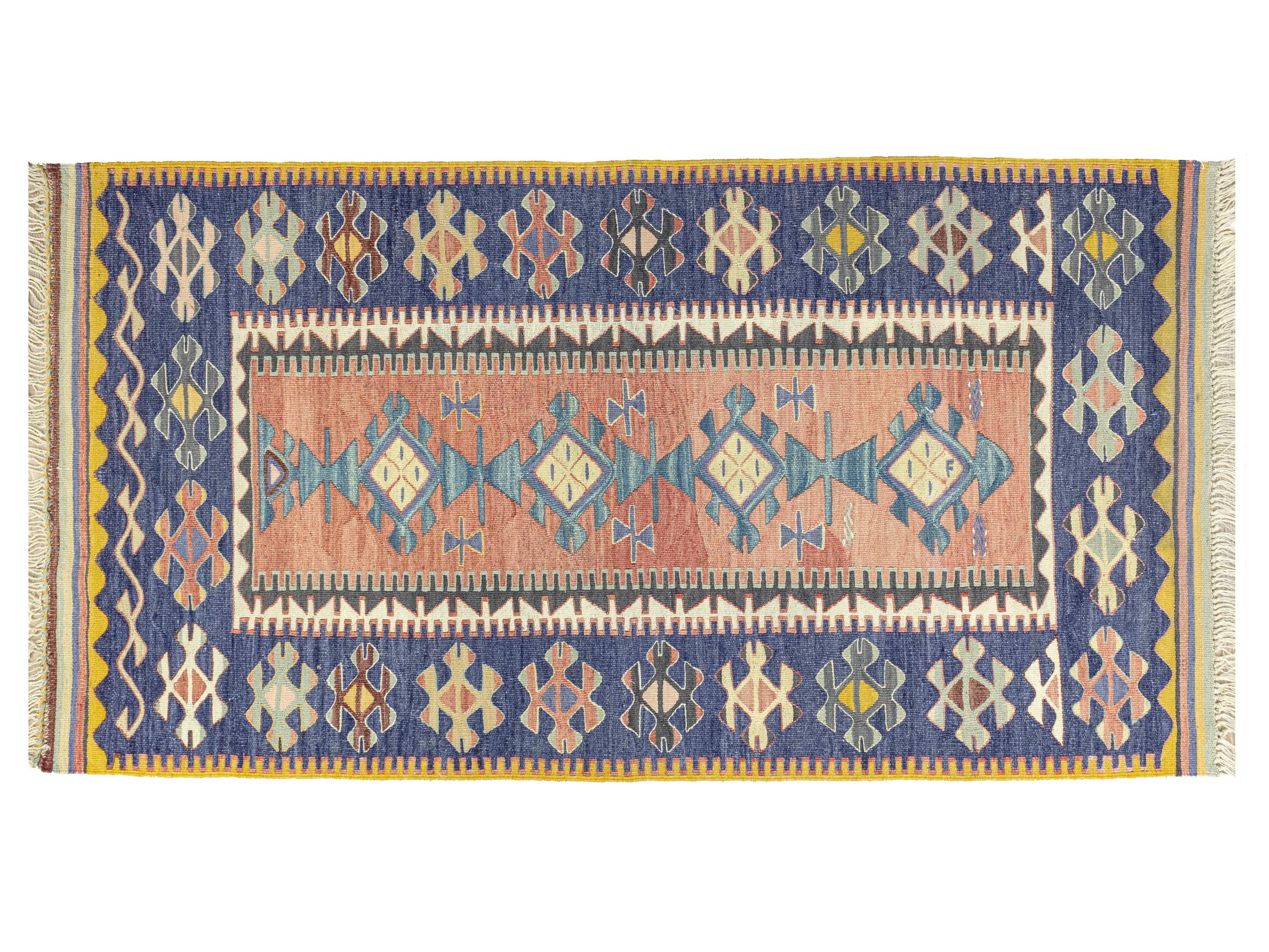 トルコ キリム青緑 茶色 大判 ヴィンテージ トルコキリムラグ 2.8 x 5フィート – バーントコーラル