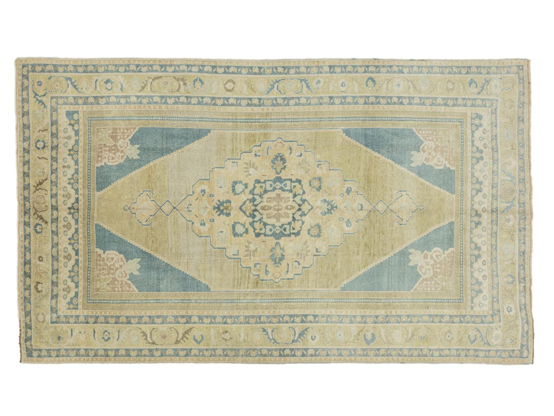 ヴィンテージ トルコ ウシャック ラグ：トープ＆ソフトブルー ウール