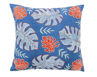 Dusty Blue Monstera Kissenbezug 20x20 Uzbek Handbestickt - Terracotta Boho Luxus