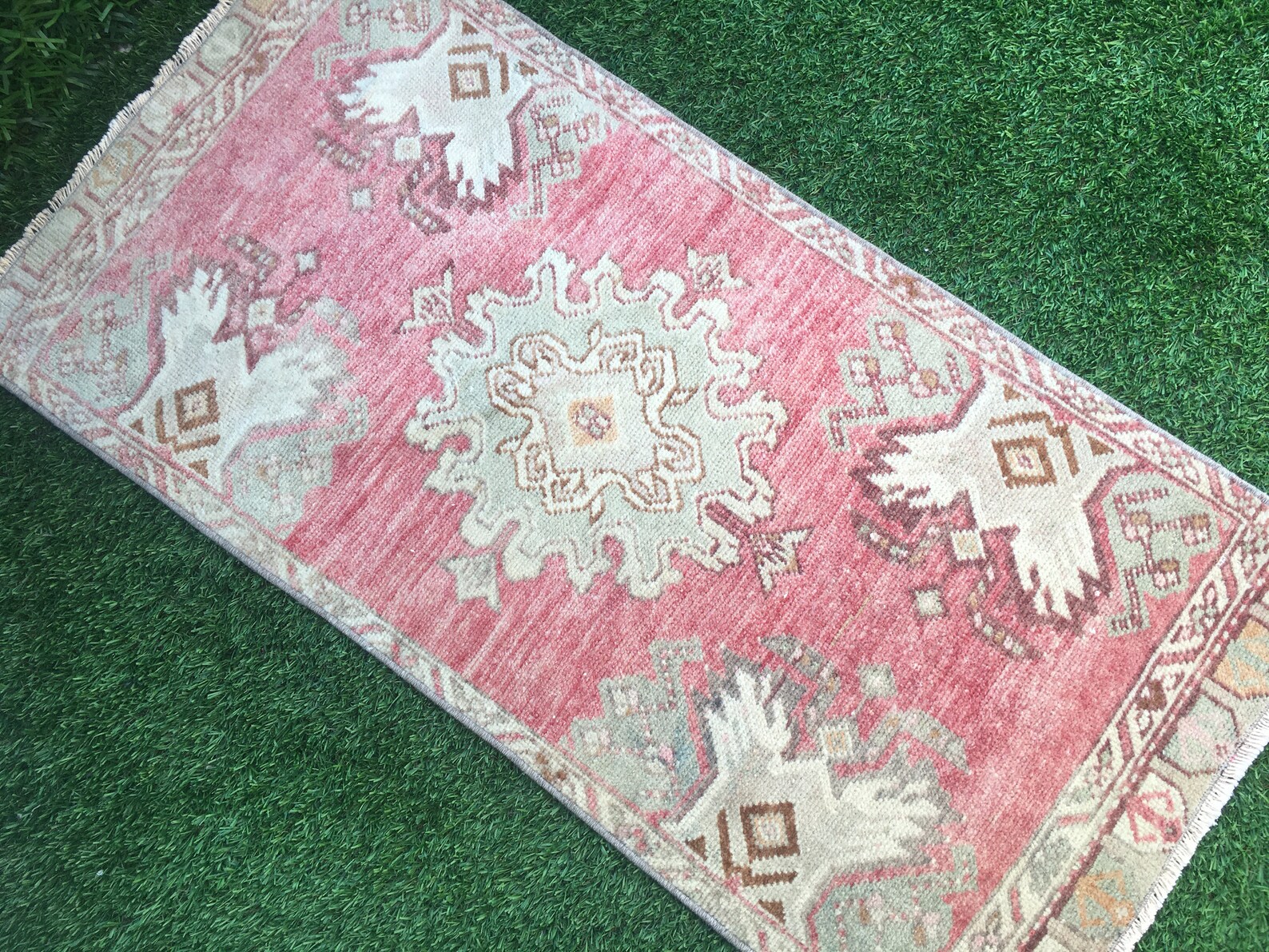 Vintage Turkish Bathroom Rugwool Hand Knotted Pink Green Mini Etsy