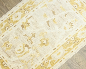 Turkisk ny Oushak-matta handknuten 3x5 Cottagecore Cozy – Taupe Senap