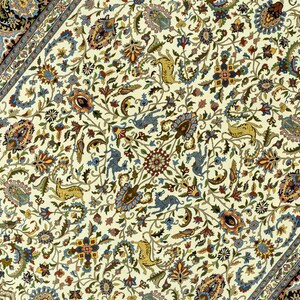 May include: Ivory-colored Persian rug with an intricate floral pattern. The design features a central field with detailed flowers, leaves, and animal figures in shades of blue, brown, and green. A dark border frames the rug.