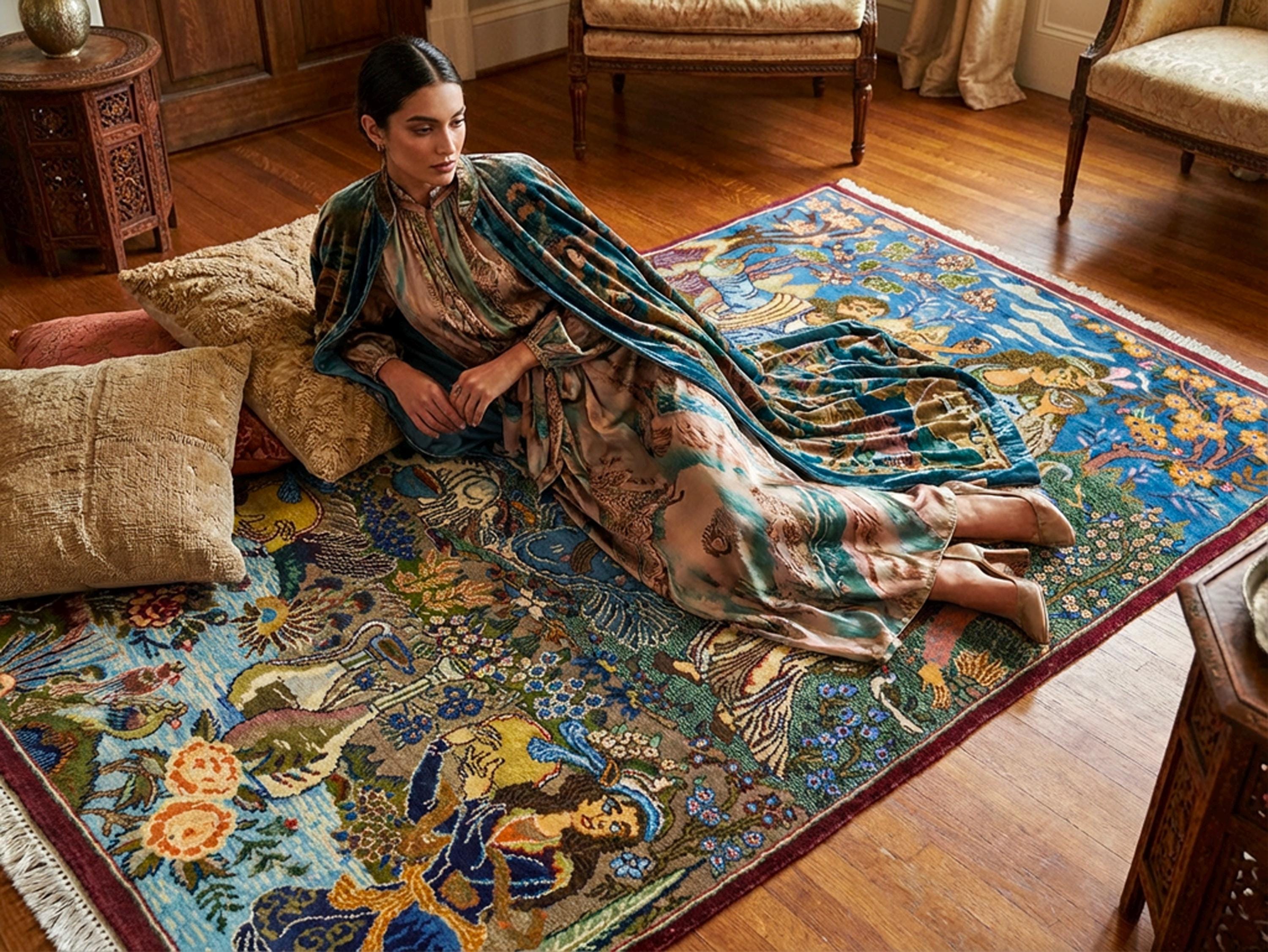 ラグ・カーペット Vintage iranian rug Vintage Pictorial Rug 4x7 Persian Style Handwoven Blue Garden