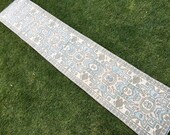 Distressed Vintage Turkish Kitchen Rug, Rustic Wool Hand Knotted Beige Blue Oushak Short Narrow Runner, Entry Rug, Hallway Runner 1 9 x9 1 39 39