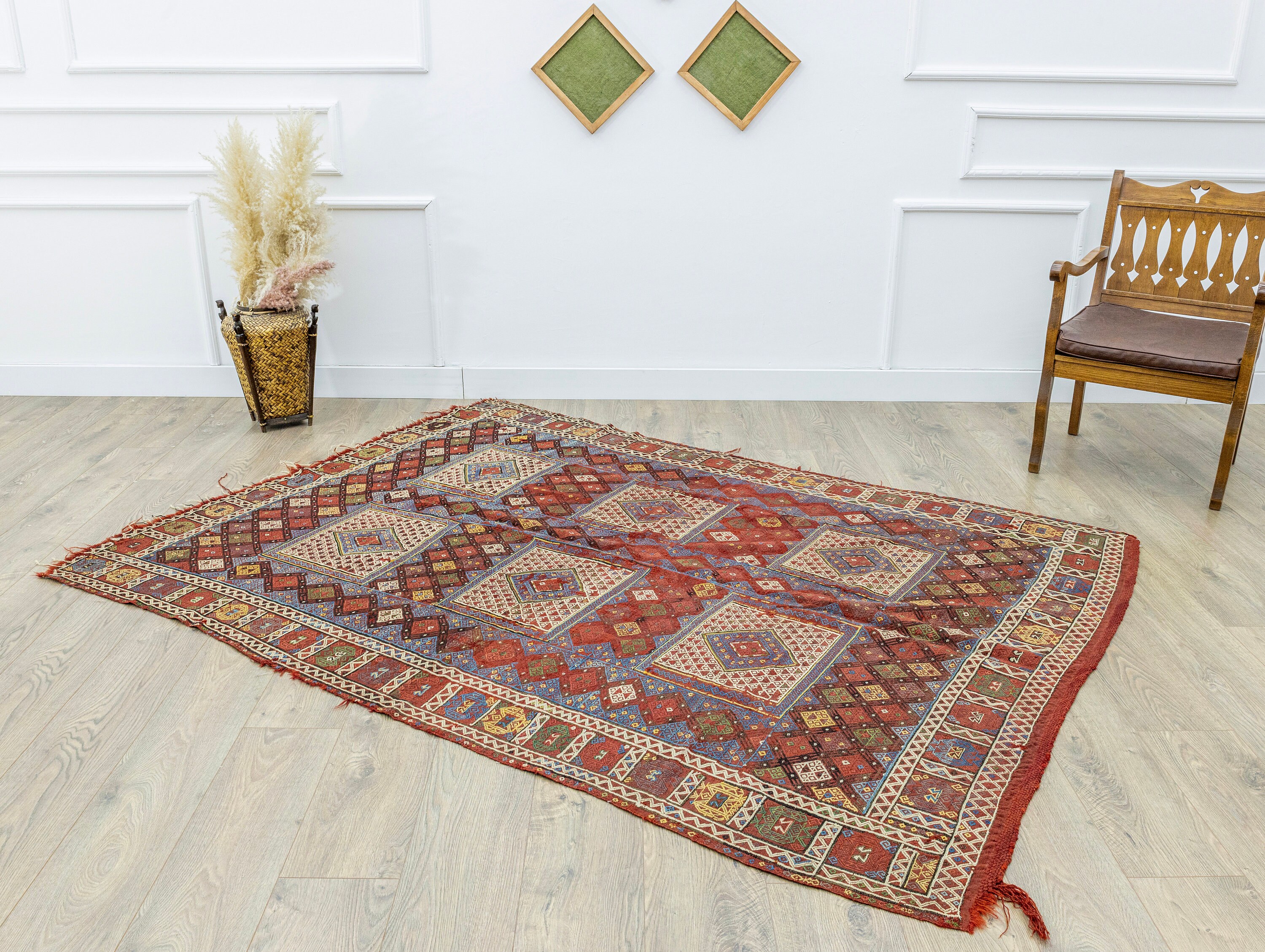 アンティークコンヤキリムラグ：5.7 x 7.6フィート、手織りトルコ