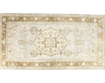 Muted Turkish Vintage Rug - Oushak Design in Gray & Yellow - 3.11x7.4 ft Wool Low Pile Hand Knotted Area Carpet - Home Decor - Unique Gifts