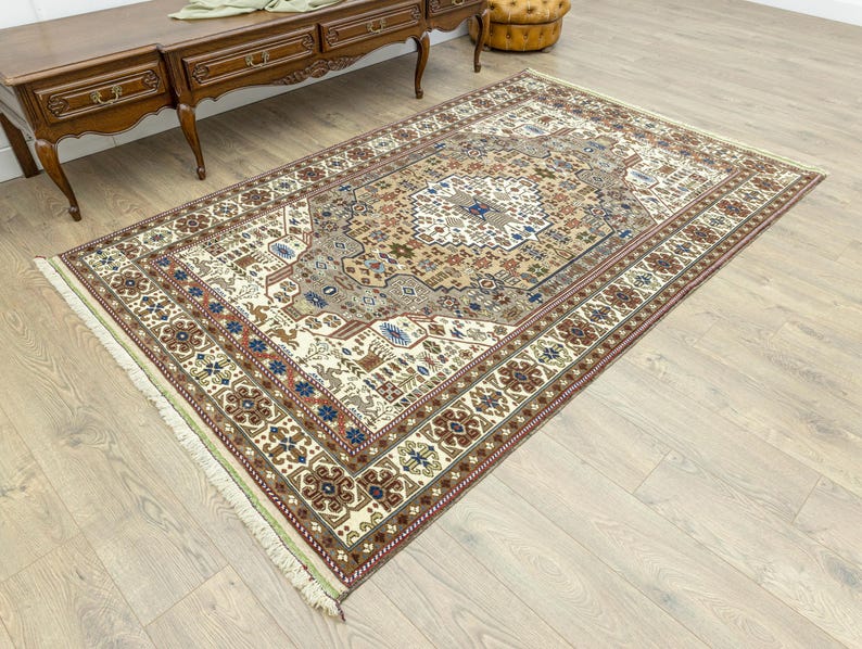 vintage anatolian oushak area rug 5'4''x8'6'', neutral beige cream brown terracotta palette with navy green burgundy accents, soft low pile handwoven organic wool rug, classic elegant living room decor