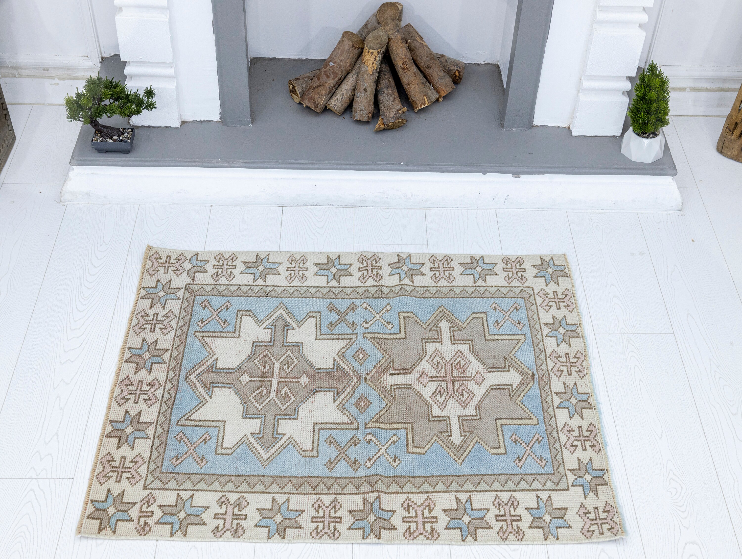 Vintage Petit Tapis bleu/turc