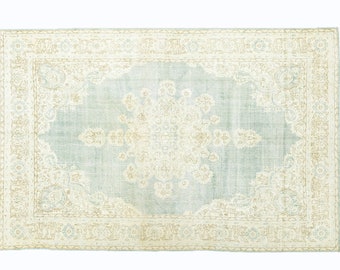 Vintage Turkish Oushak Rug 8x12 – Pale Icy Aqua Ivory Oversized Antique Elegance