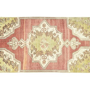 Hand-Knotted Vintage Turkish Oushak rug 3'9 x 6'10 ft in terracotta and sage tones with floral medallion design, wool bedroom accent rug for romantic cottagecore style interiors