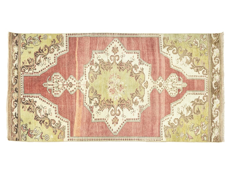 Hand-Knotted Vintage Turkish Oushak rug 3'9 x 6'10 ft in terracotta and sage tones with floral medallion design, wool bedroom accent rug for romantic cottagecore style interiors