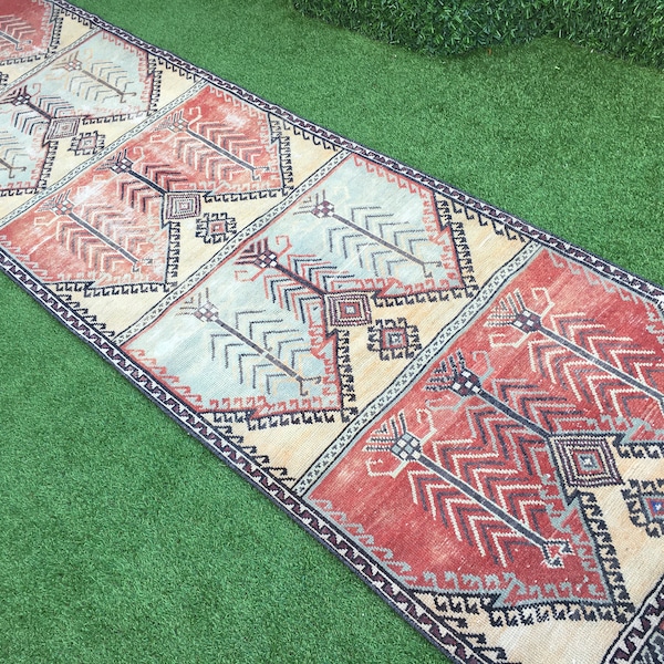 Hallway Runner 3.7x13.5 Vintage Turkish Oushak – Terracotta Aqua Farmhouse