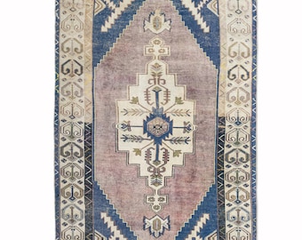 Tappeto Oushak blu malva 5x9 – Medaglione tribale turco vintage in lana