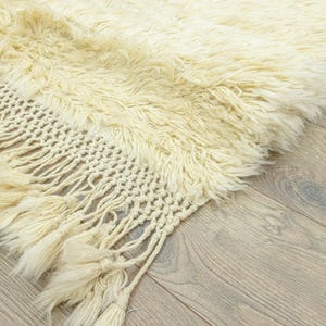 Cozy Natural Cream Bohemian Mohair Wool Rug, 4&#39;1&#39;&#39;x5&#39;10&#39;&#39; Vintage Shaggy Tulu Rug, Soft Plush Long Piles, Handwoven Turkish Rug, Home Decor