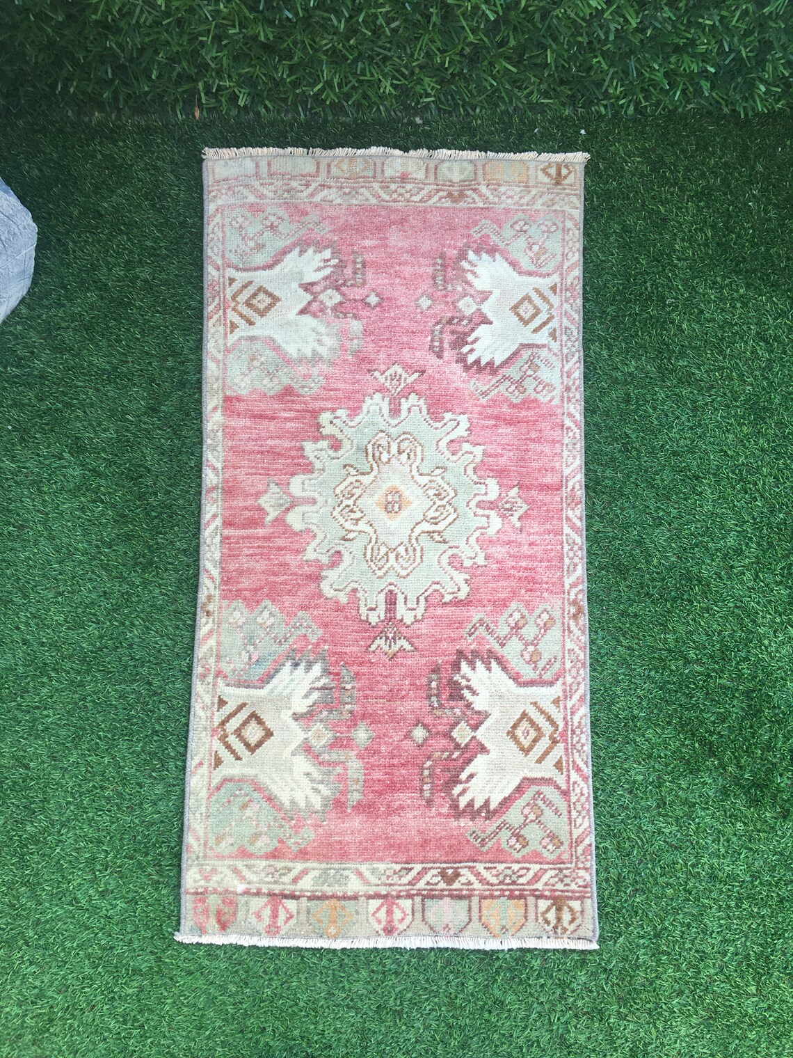 Vintage Turkish Bathroom Rugwool Hand Knotted Pink Green Mini Etsy