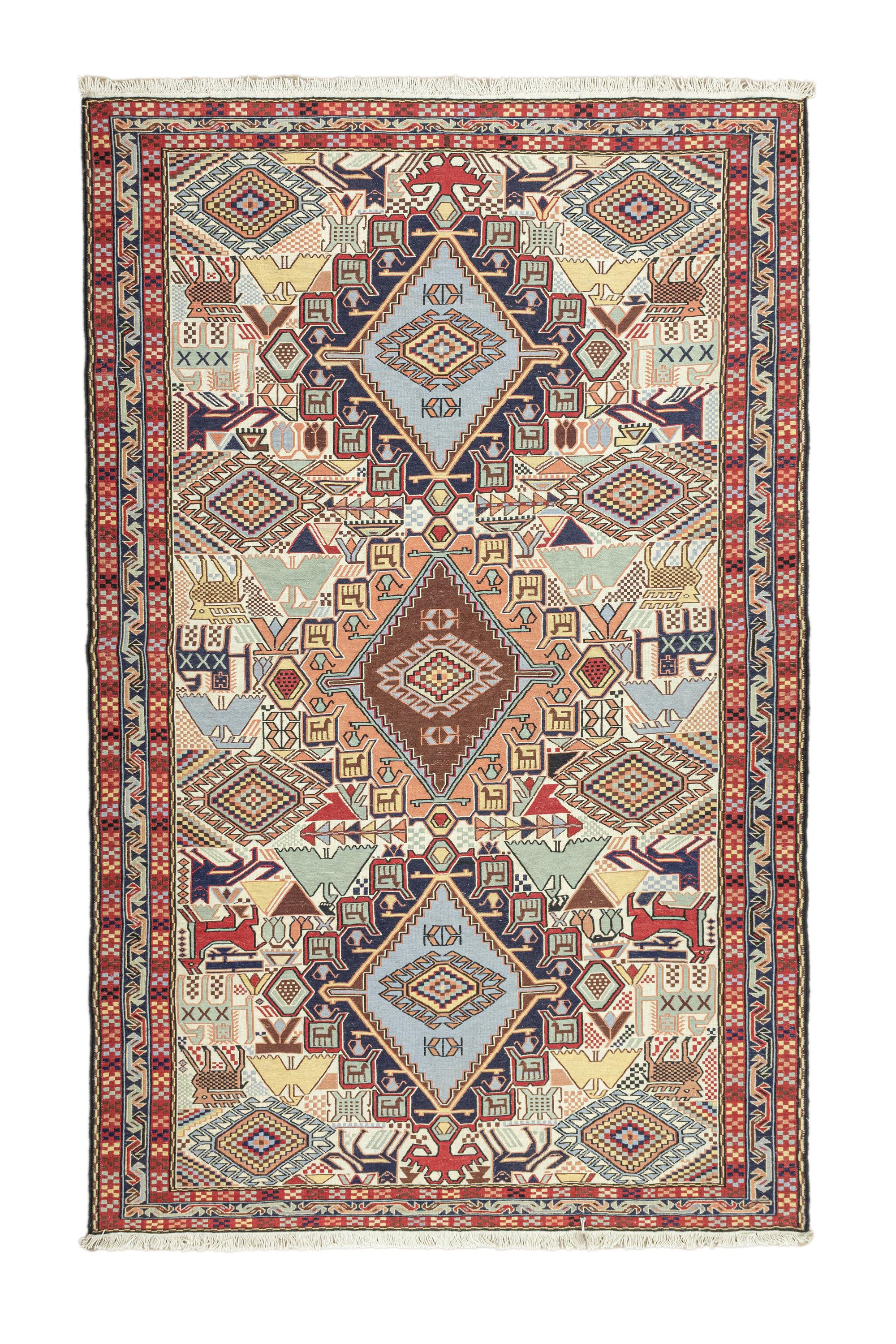 ハンドメイドシルククルドラグ：ヴィンテージスマックキリム、4.3x6.9