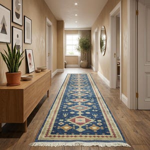 Alfombra larga turca Oushak anudada a mano de 2,5 x 16,2 pies, color azul, para pasillo.