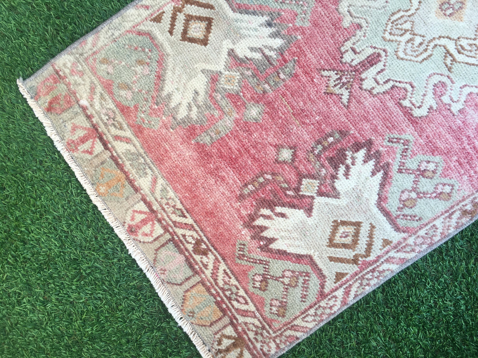 Vintage Turkish Bathroom Rugwool Hand Knotted Pink Green Mini Etsy