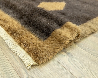 Tapis shaggy pour chambre 4x5 – Tissé à la main en laine naturelle marron style turc Tulu – Décoration confortable