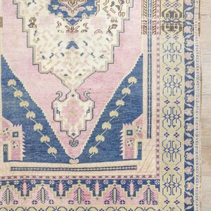 Wide Oushak Runner Rug 4.1 x 7.6 ft – Powder Blue & Blush Pink – Turkish Hand-Knotted Wool – Soft Japandi or Heritage Hallway Decor – Gift