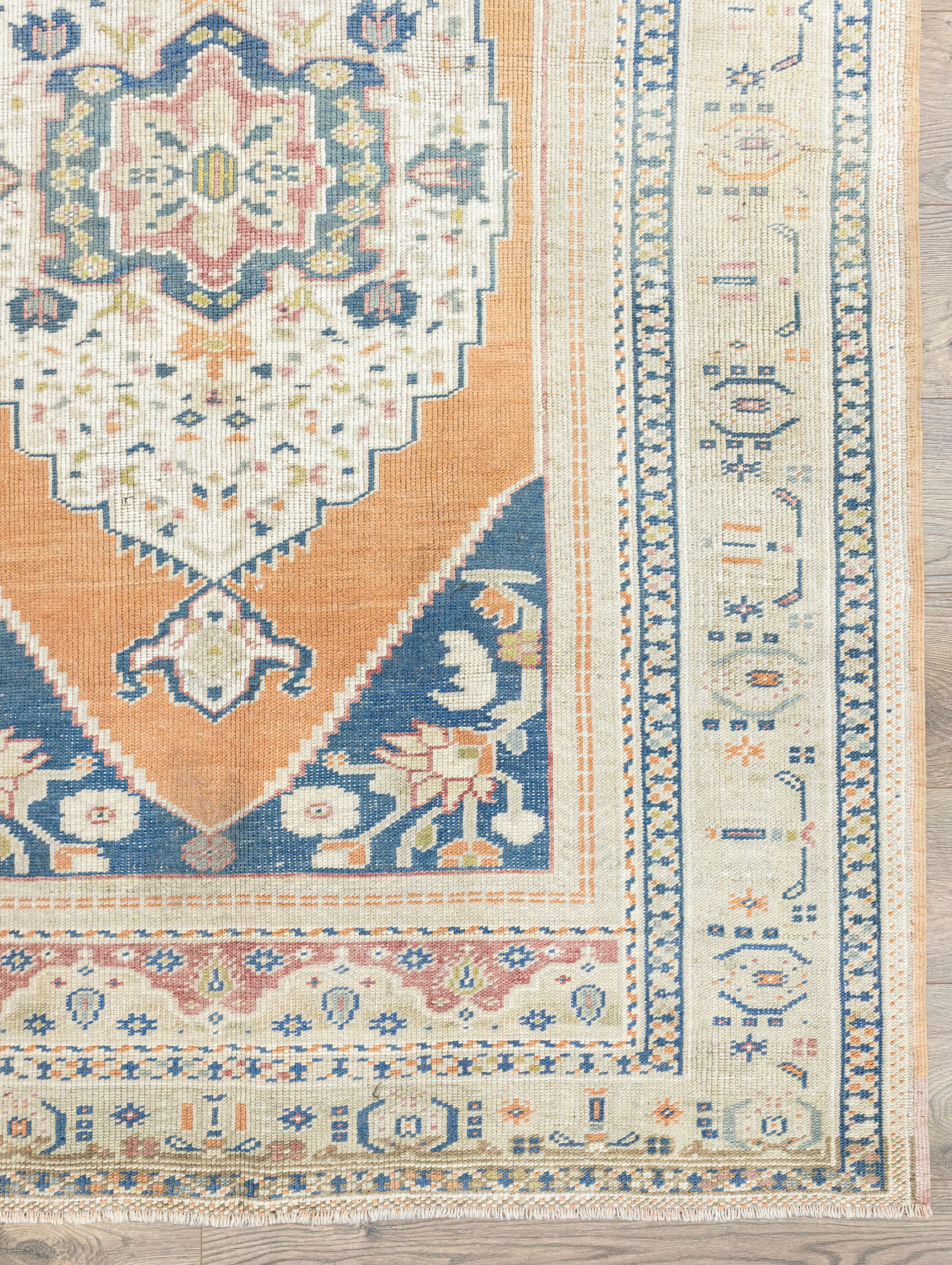 Vintage Turkish Oushak Rug 4.6x6.9 Ft – Apricot Navy Wool