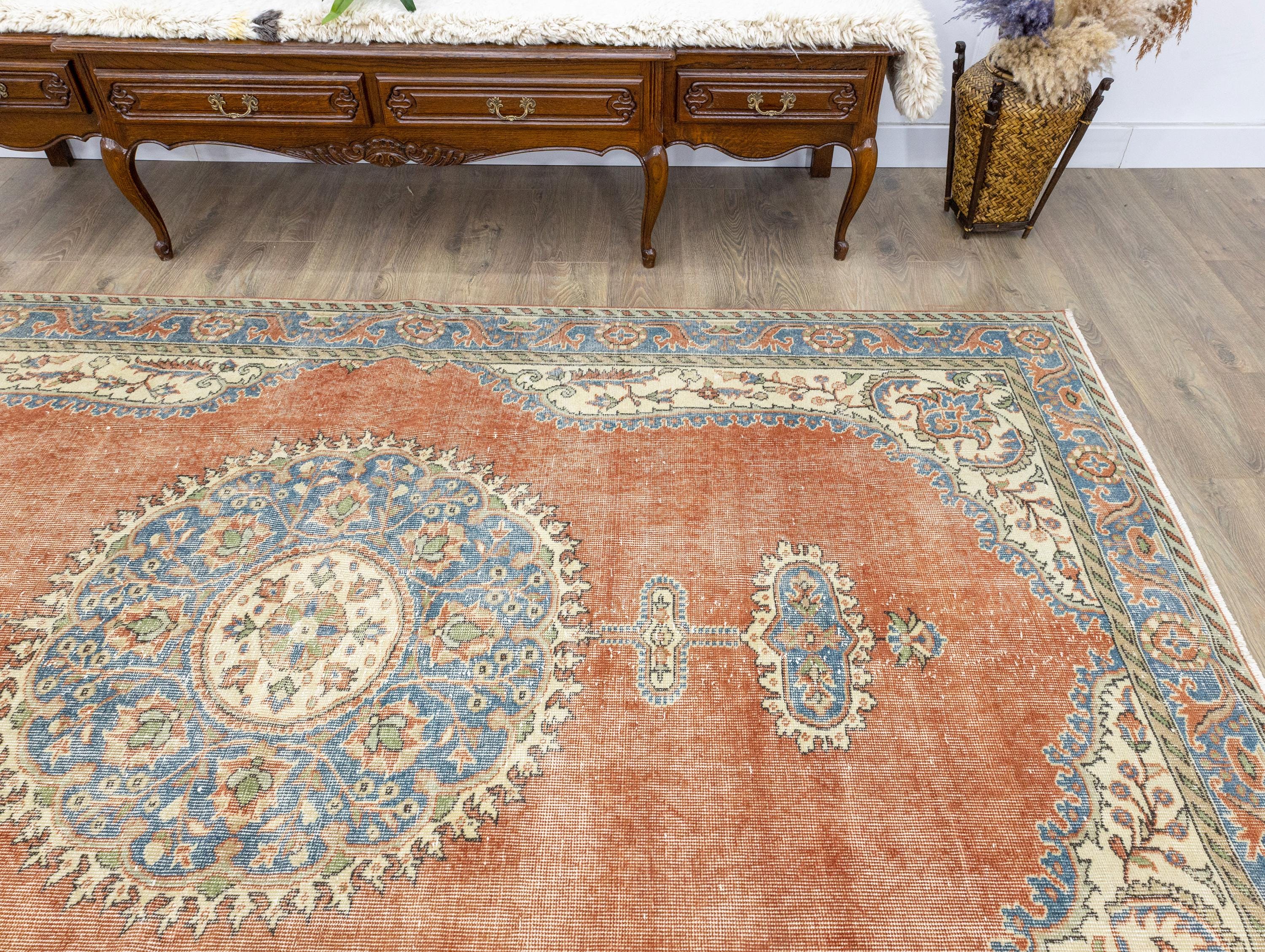 Hand-knotted Turkish Oushak Rug – Terracotta Blue Medallion