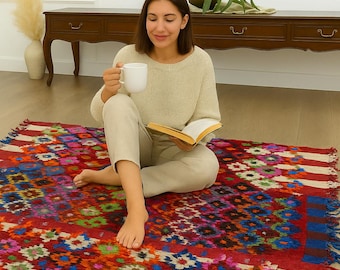 Vintage Turkish Anatolian Kilim Tulu Rug – Colorful Red Blue Green Embroidery – Shaggy Handwoven Wool 5'1" × 6'1" ft – Unique Textile Gift