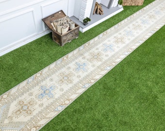 Hallway Runner 3x22 Vintage Turkish Oushak – Extra Long Ivory Powder Blue Geometric