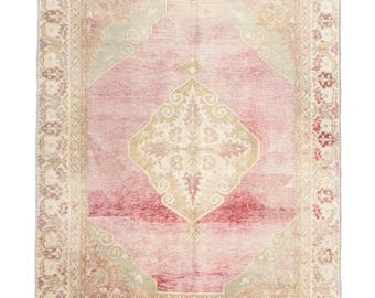 Alfombra turca Oushak anudada a mano para recibidor, 4,7 x 6,10 m – Rosa rubor beige, decoración bohemia vintage