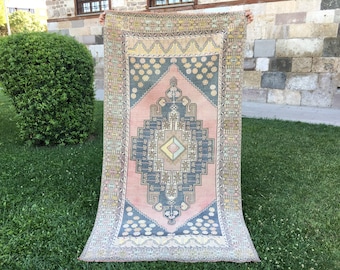 Vintage Handmade Turkish Anatolian 3’11”x7’4” Blue Pink Oushak Rug, Wool Hand Knotted Carpet, Faded Entry Runner,  Home Decor, Moving Gift