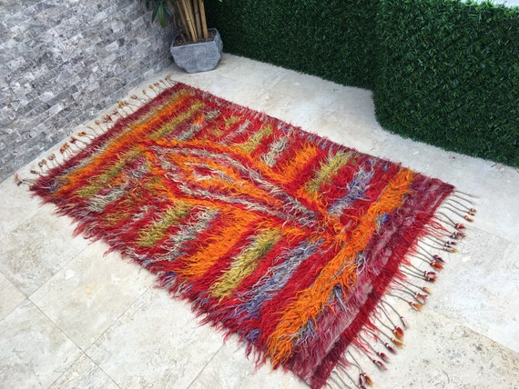 Vintage Handwoven Turkish Shaggy Tulu Rug,Long Piles Angora Wool Tribal Rug,Boho Chic Shag Flooring Rug 3'10"x6'6" Oushak Rug,Fireplace Rug