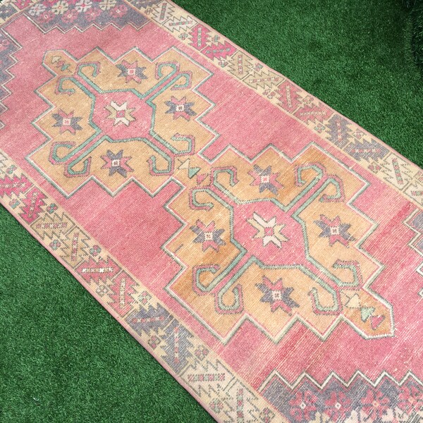 Vintage Pink Oushak Runner Rug, Turkish Wool, 3’7”x8’