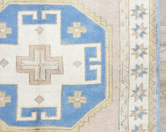 Faded Blush Turkish Rug 4.2 x 6.1 ft – Hand-Knotted Organic Wool – Powder Blue, Cream Motifs – Soft Mediterranean Entry, Quiet Hallway Gift