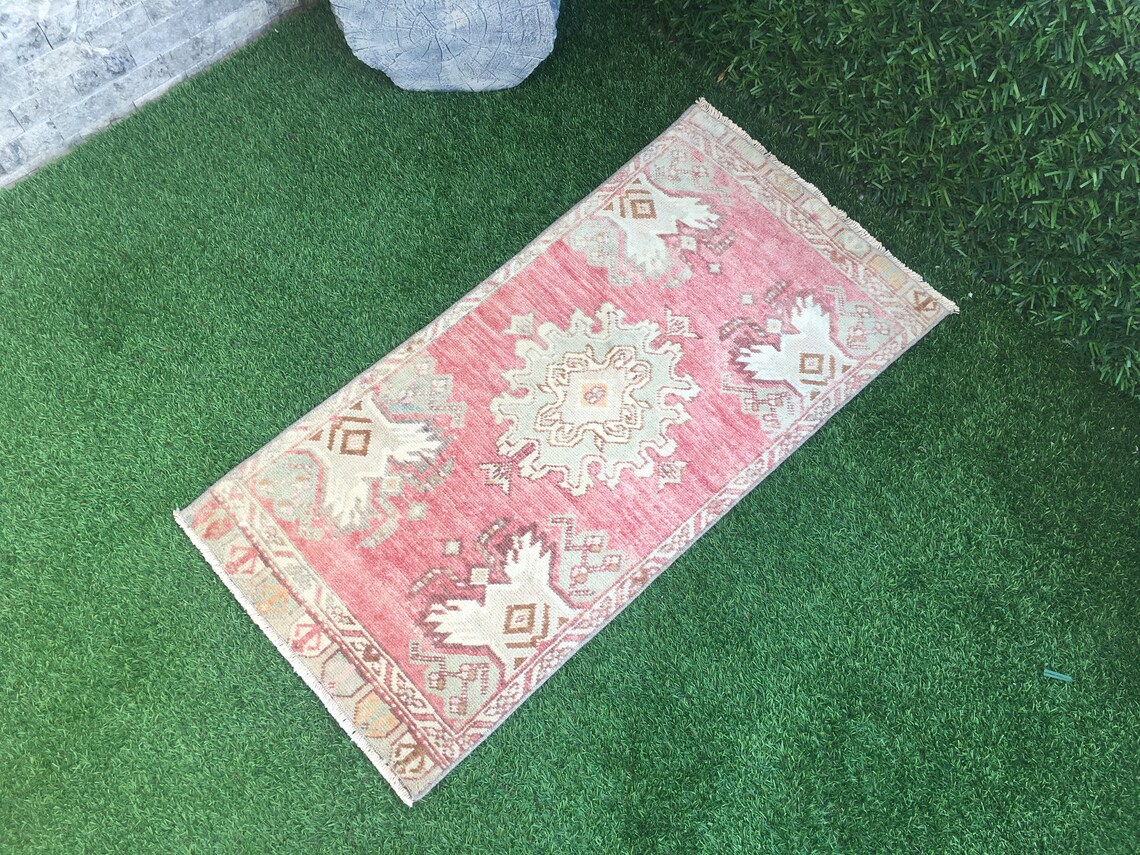 Vintage Turkish Bathroom Rugwool Hand Knotted Pink Green Mini Etsy