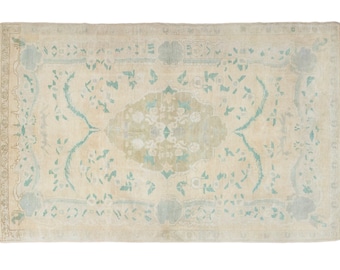 Faded Sand & Aqua Turkish Oushak Rug – 4.5 x 6.11 ft Vintage Handmade Wool – Quiet Luxury, Coastal Decor, Farmhouse, Soft Minimalism – Gift