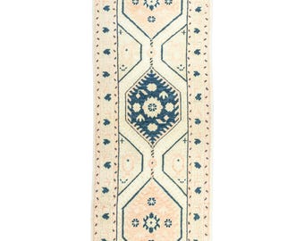 Tappeto runner turco Oushak color crema, blu e rosa, 3x11 in lana tessuta a mano – Arredamento moderno in stile rustico