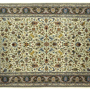 Oversized Persian style Oriental rug 14x19 ft, hand-knotted wool in ivory, navy, sage, and gold tones, collector estate rug for old money, grandmillennial, luxury interiors.