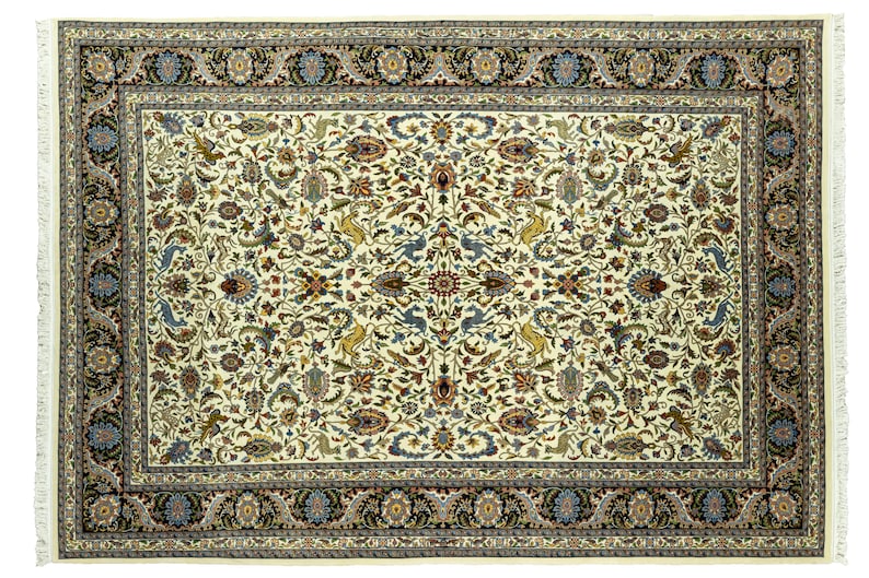 Oversized Persian style Oriental rug 14x19 ft, hand-knotted wool in ivory, navy, sage, and gold tones, collector estate rug for old money, grandmillennial, luxury interiors.