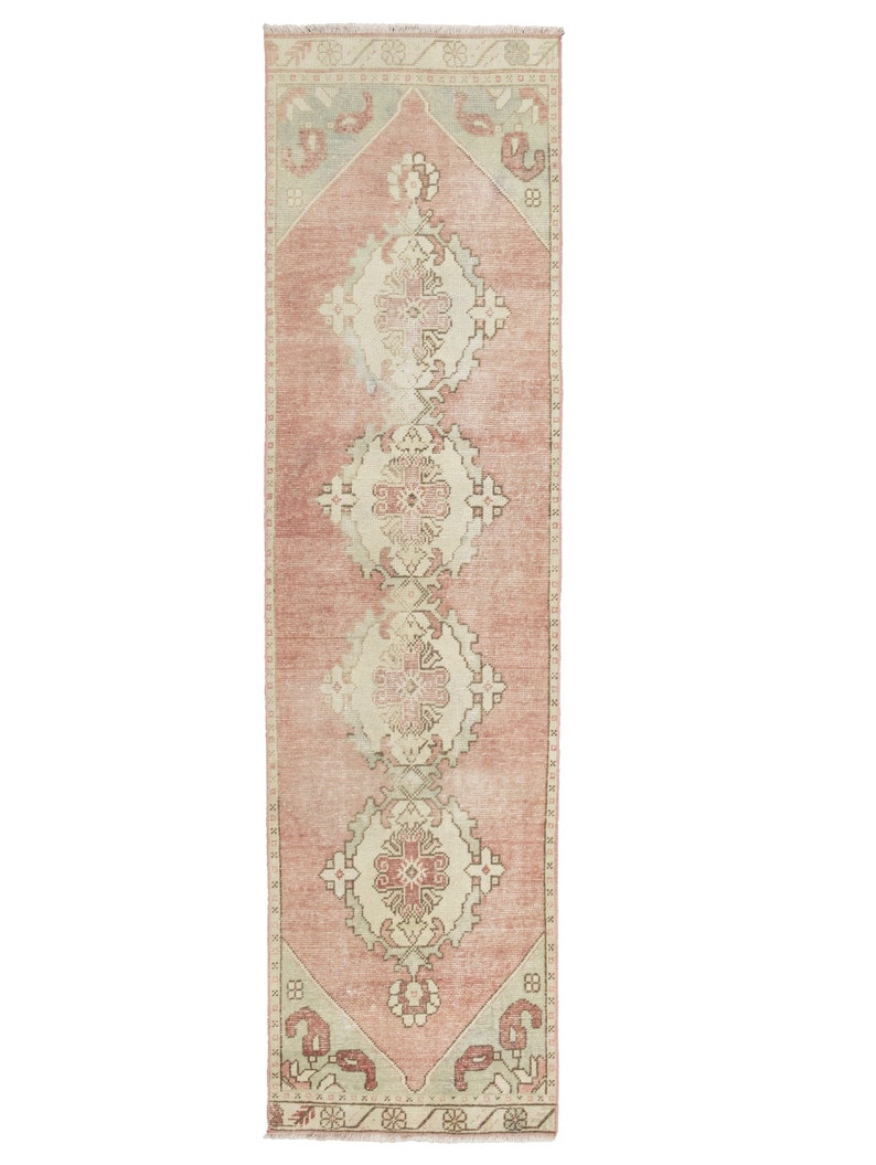 Faded Pink and Green Turkish Tribal Hand Knotted 26x95 Oushak Runner Rug, Vintage Kitchen Decor One Of A Kind Rug, Rustic Farmhouse Rug image 1