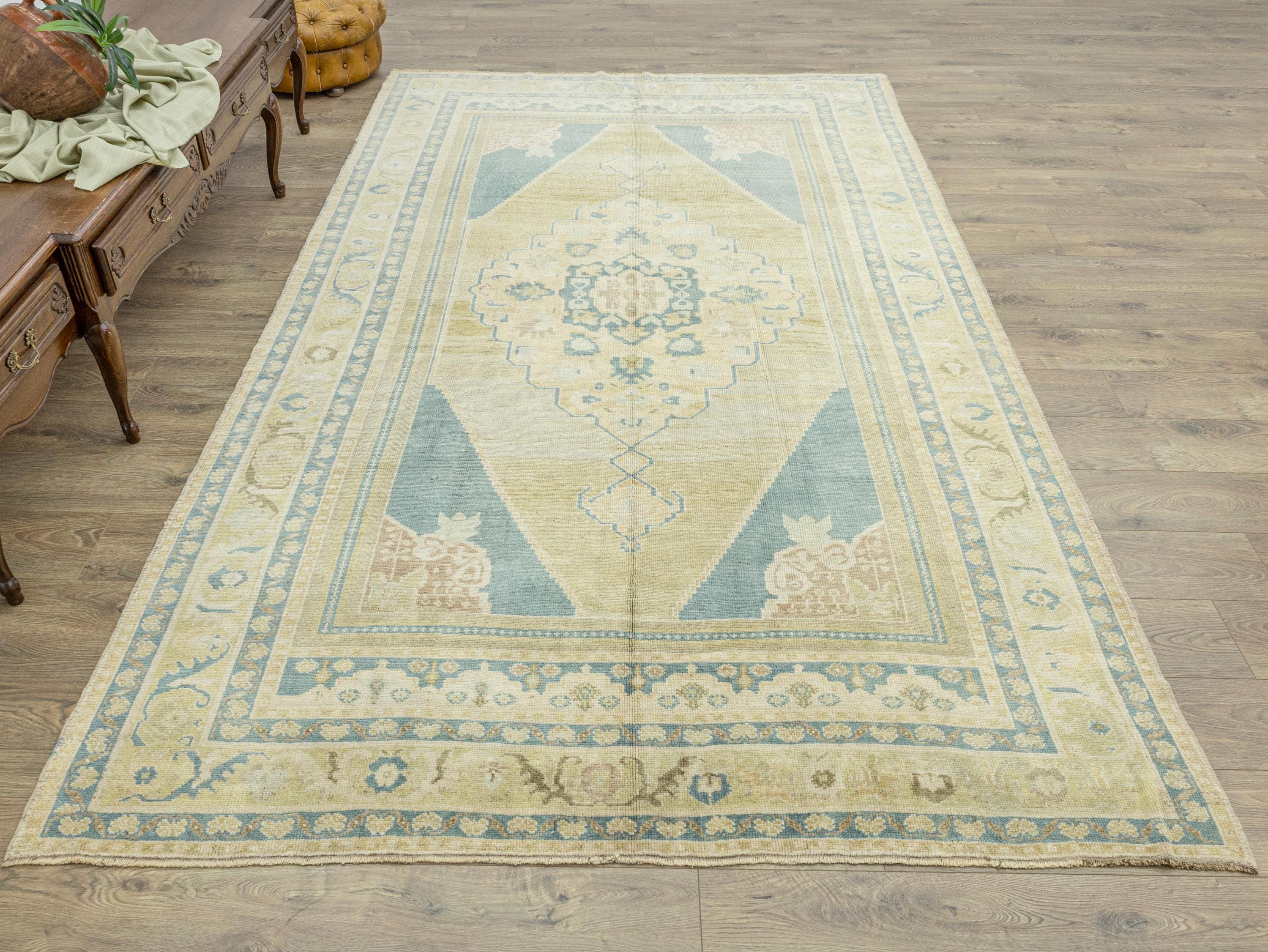 ヴィンテージ トルコ ウシャック ラグ：トープ＆ソフトブルー ウール