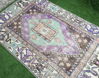 Boho Area Rug 4.11x8 ft Turkish Oushak Green Purple – Vintage Tribal Home Decor