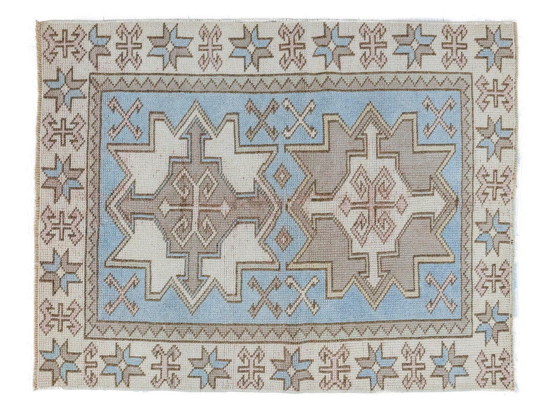 Vintage Small Blue Oushak Turkish Handmade Wool Rug, Bath Rug, Door Mat, Mat Rug, Distressed Rug