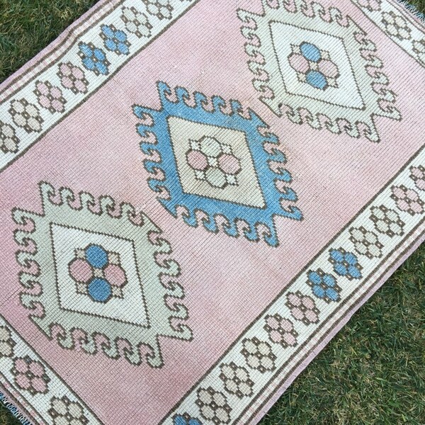 3’x4’1” Small Oushak Rug,Vintage Pink Turkish Rug,Modern Traditional Hand Knotted Area Rug,Home Office Decor Ushak Carpet Rug,Nursery Rug
